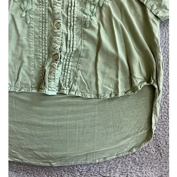 Solitare Button Top Medium Floral Embroidery V-Neck Roll Tab Green Boho Fairy - Picture 7 of 16